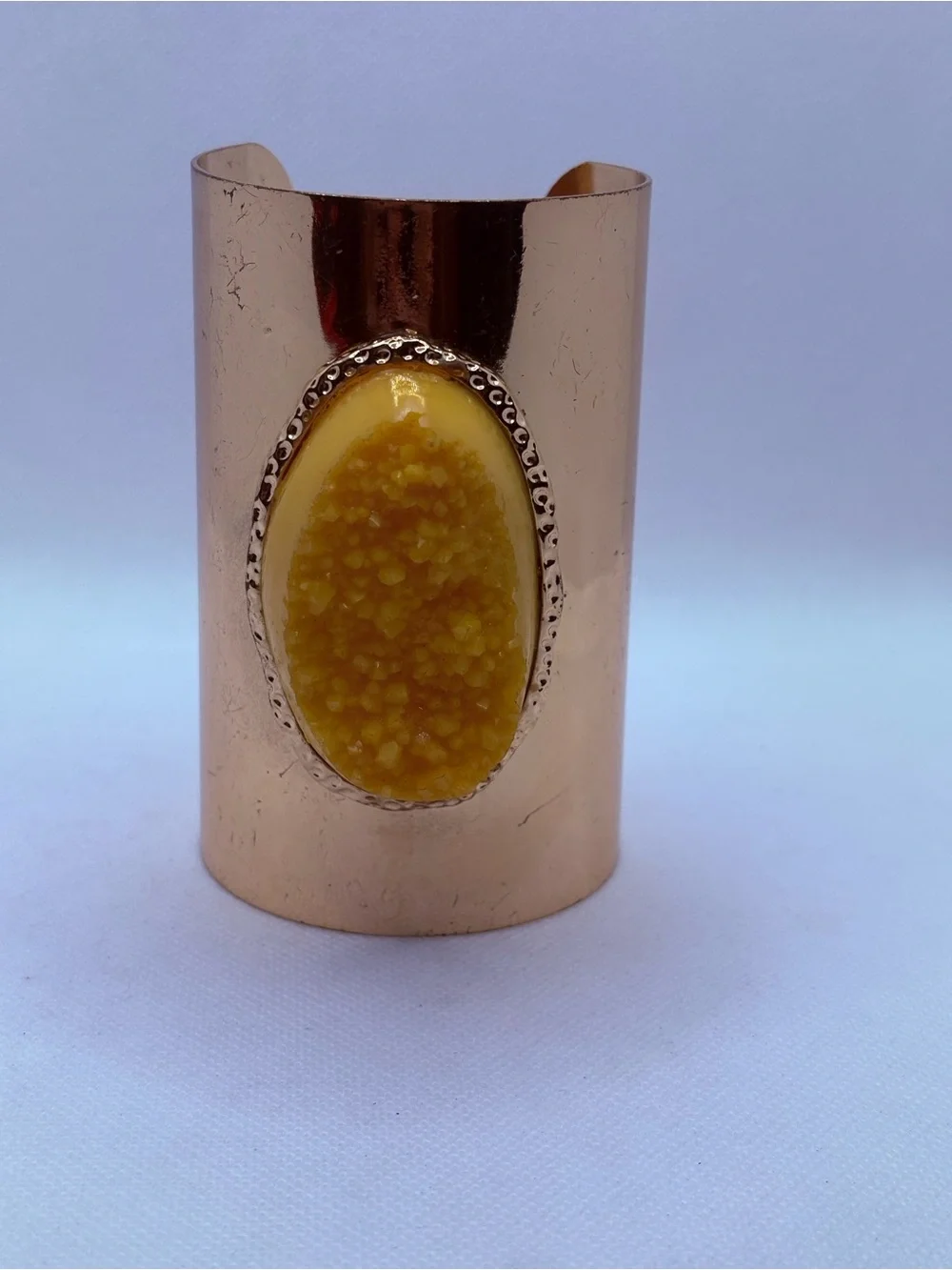 Large Faux Druzy Yellow Brass Cuff Bracelet 4” Hammered Adjustable